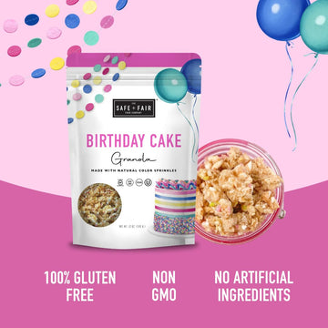 Safe + Fair Birthday Cake Granola – Gluten-Free, Vegan & Plant-Based Snack With Natural Sprinkles – 0G Trans Fat, Non-Gmo, Kosher, Allergen-Free, Whole Grain - 12Oz