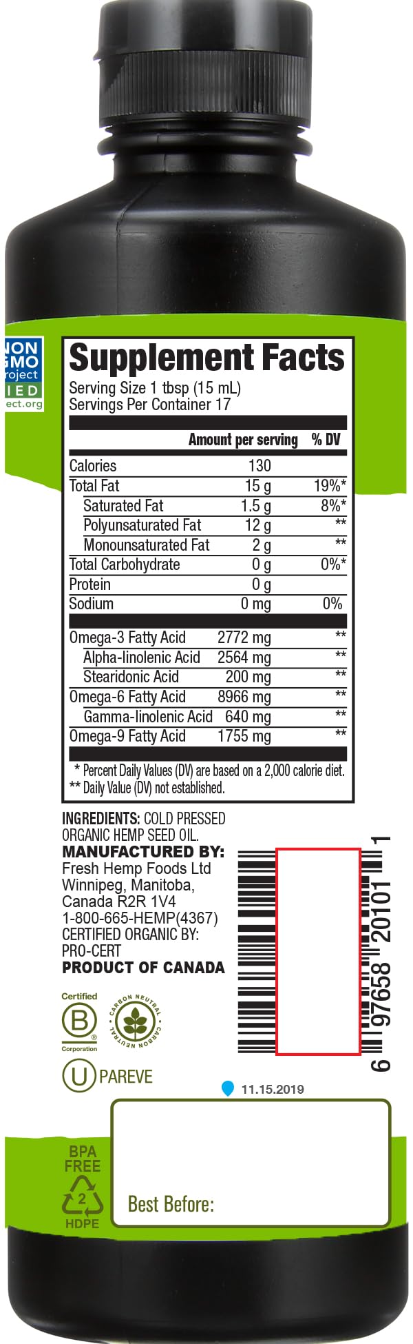 Manitoba Harvest Organic Hemp Oil, Cold Pressed, Non-GMO, 8.45 Fl Oz, 12g Omegas 3&6 Per Serving, Model 7005