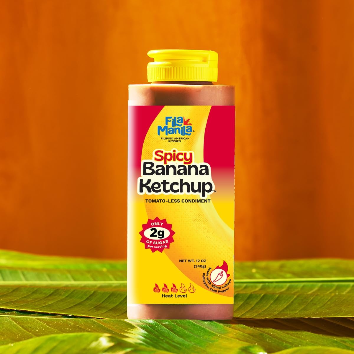 Fila Manila Spicy Banana Ketchup, Vegan, Gluten Free, 12 oz Resealable Bottle, Award-Winning Filipino Sauce, No Tomato, Sweet & Spicy