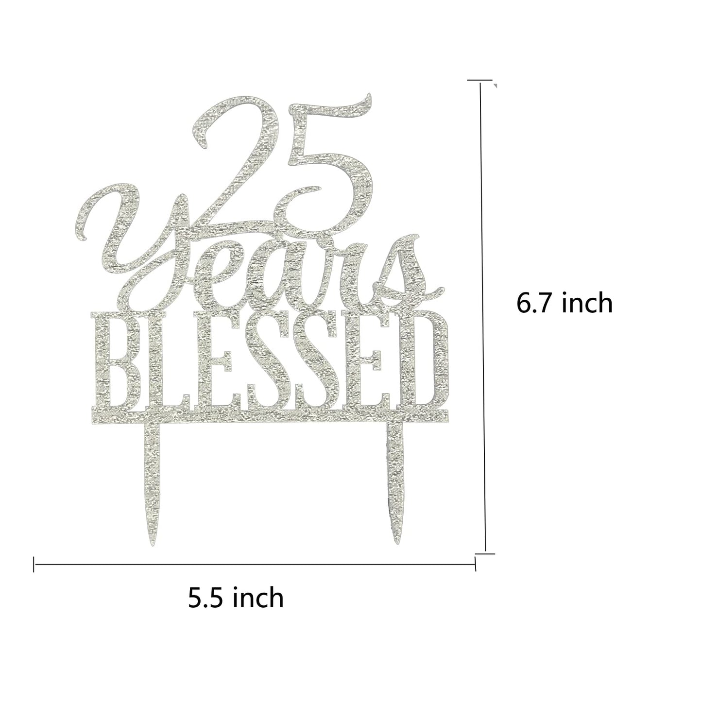Silver Acrylic 25 Years Blessed Cake Topper, 25Th Birthday Cake Topper, 25Th Wedding Anniversary Cake Topper (Silver Blessed)