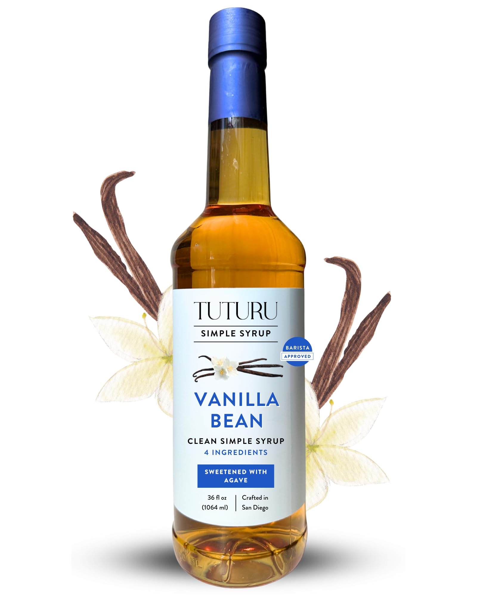 Vanilla Bean Agave Simple Syrup for Coffee & Cocktails - Sweetened with Organic Agave Nectar - Infused with Real Vanilla Bean - 36 oz