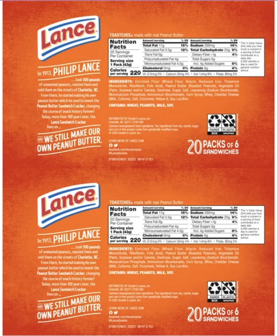 Lance Toast Chee Peanut Butter Sandwich Crackers, (40 Count) Bulk Box