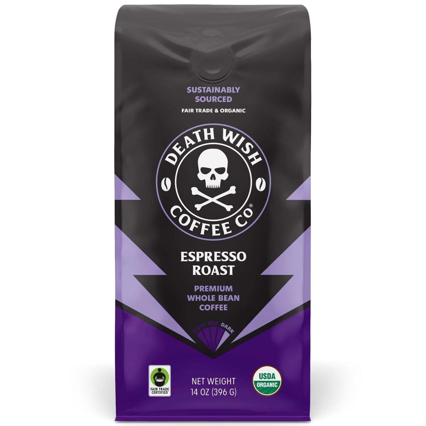 Death Wish Coffee Whole Bean Espresso Roast - Organic, Fair Trade - 14 Ounce Pack - Strong Coffee Grounds