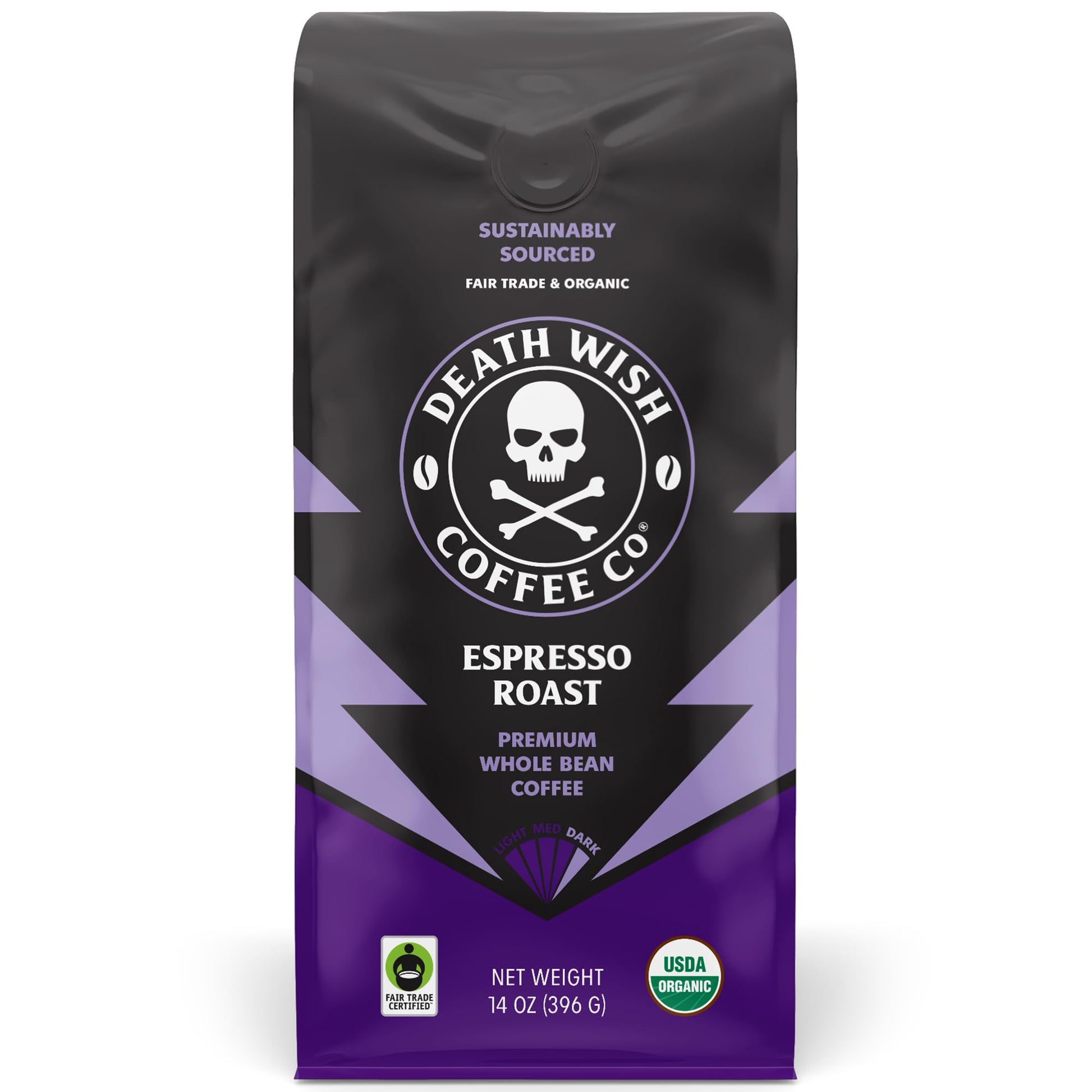 Death Wish Coffee Whole Bean Espresso Roast - Organic, Fair Trade - 14 Ounce Pack - Strong Coffee Grounds