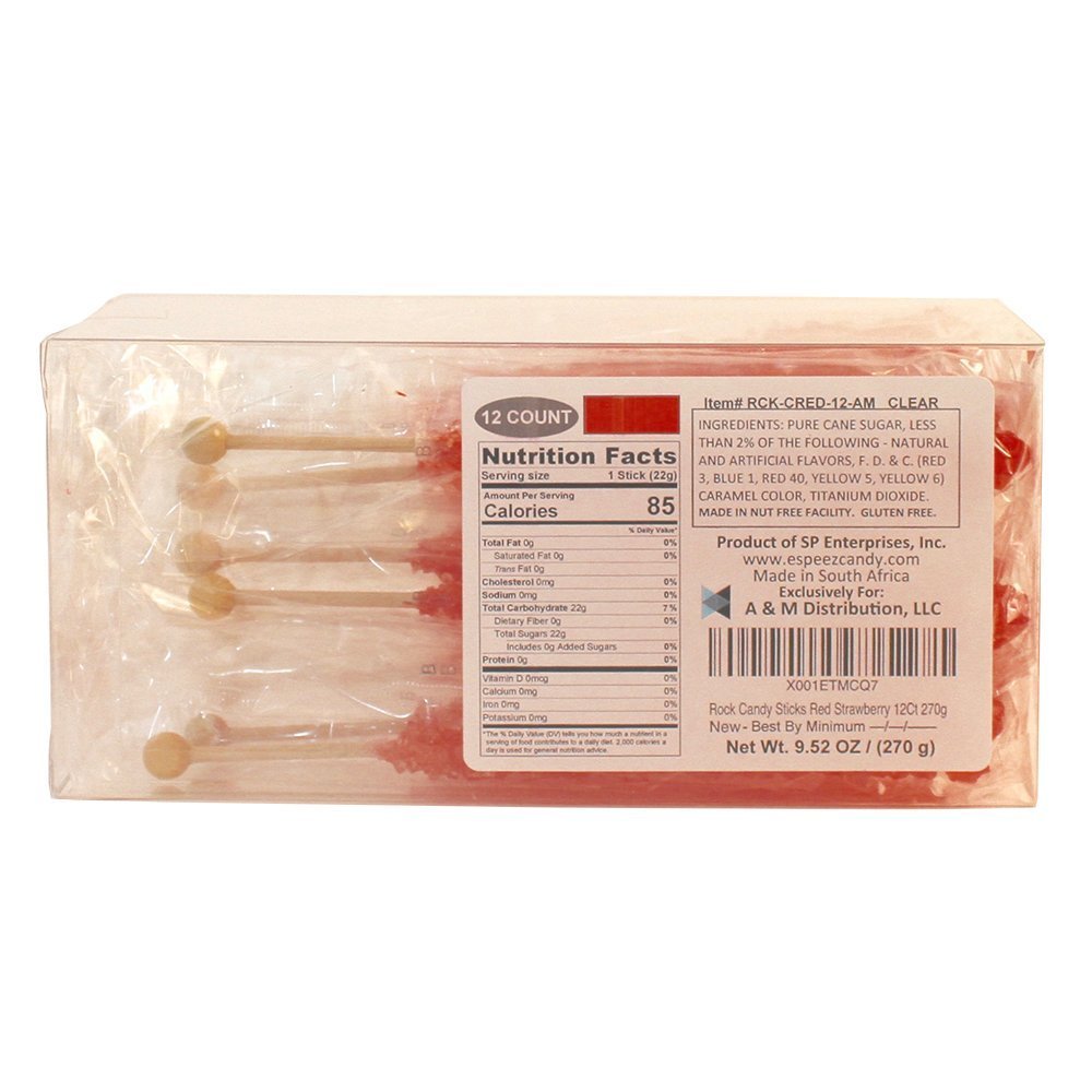 Espeez Extra Large Rock Candy Sticks - Strawberry Lollipop, Red, 12 Count, Individually Wrapped