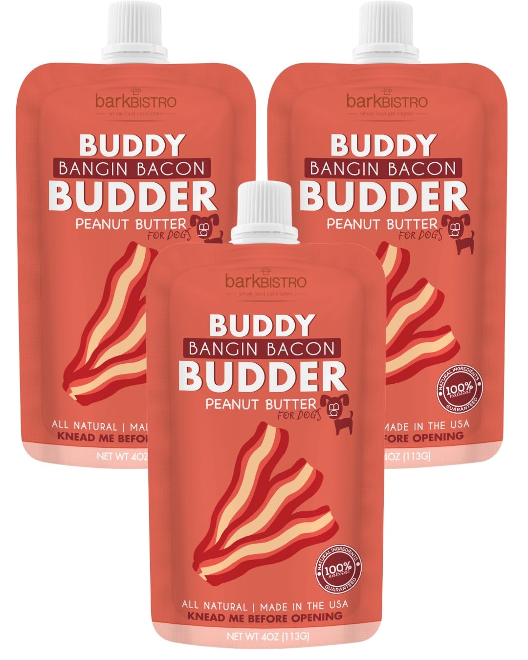 BUDDY BUDDER Bangin Bacon Peanut Butter for Dogs, 3 Pack, 4oz Squeeze Packs