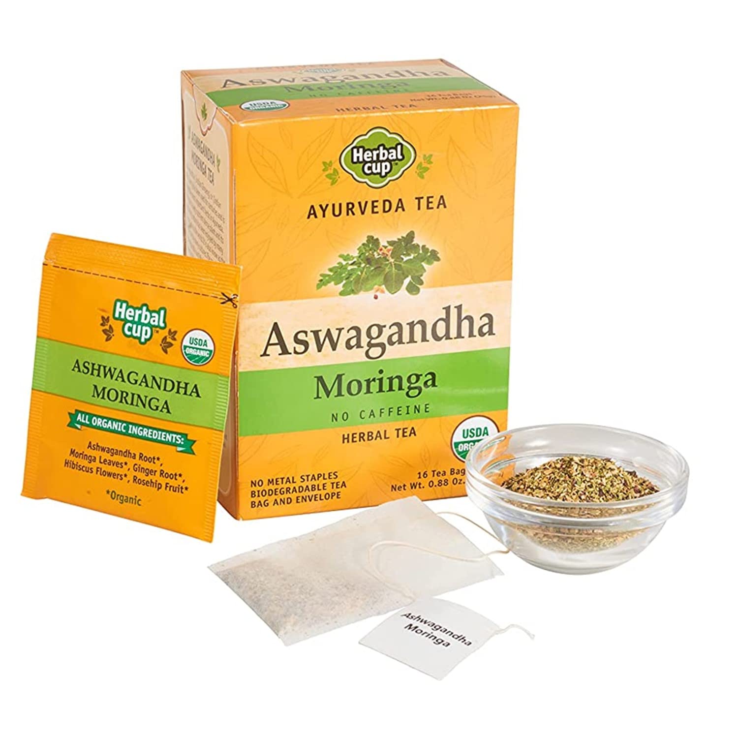 Herbal Cup Organic Moringa Tea & Ashwagandha Herbal Tea, 16 Count, Caffeine-Free