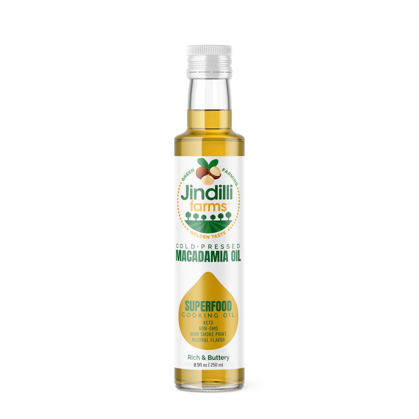 Jindilli Farms Macadamia Nut Cooking Oil, Cold Pressed, Non-GMO, Vegan, 8.5 Fl Oz