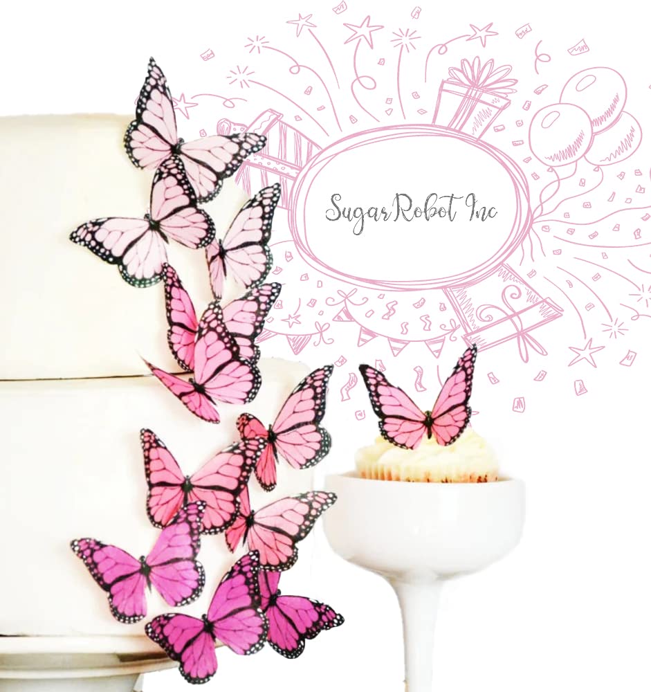 Sugar Robot Edible Butterflies Cake Toppers - Ombre Monarch - 2.5x2.5 - Pink - Premium Crafted in the USA