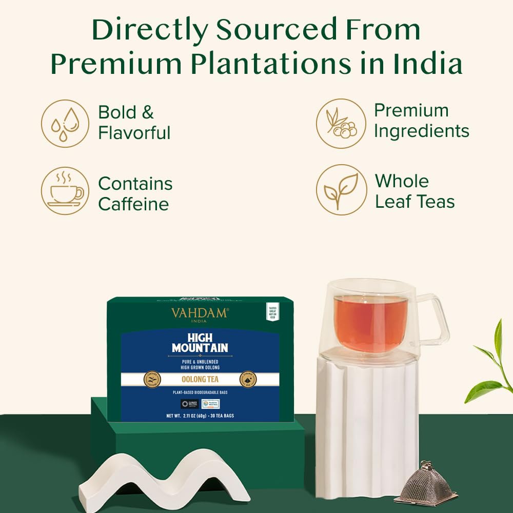 VAHDAM High Mountain Oolong Tea Bags - Non-GMO, Gluten-Free, Light & Floral - 30 Count, Individually Wrapped Pyramid Bags