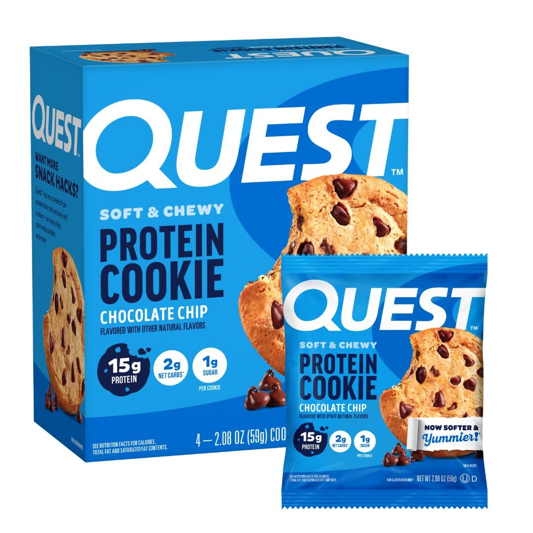 Quest Nutrition Chocolate Chip Protein Cookie, 15g Protein, 1g Sugar, 2g Net Carbs, Keto Friendly, High Protein, Low Carb; 4 Cou