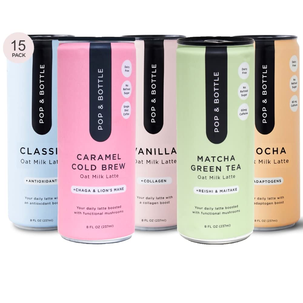 Pop & Bottle Oat Milk Lattes - Maca, Antioxidants, 8 Fl Oz, Dairy & Gluten Free, 15 Pack