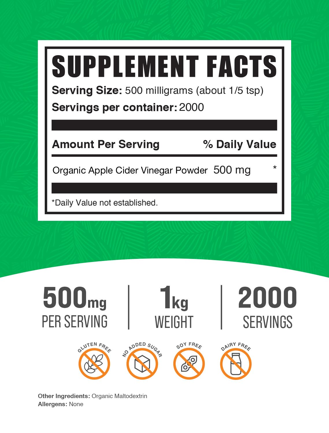 Bulkdietary products Organic Apple Cider Vinegar Powder, Vegan, Gluten Free, 500mg per Serving, 2.2 lbs, Model ORGAPPCIDVIN
