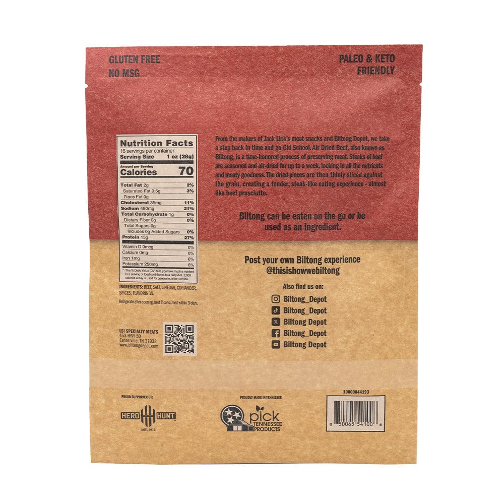 Biltong Depot - Natural Biltong 1Lb (16Oz) Lean Without Fat Cut Paleo And Keto Friendly/No Preservatives, No Msg, No Gluten, No