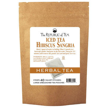 The Republic of Tea Hibiscus Sangria Iced Tea, Caffeine-Free Herbal Blend, 40 Large Pouches, 40 Quarts, Pack of 1