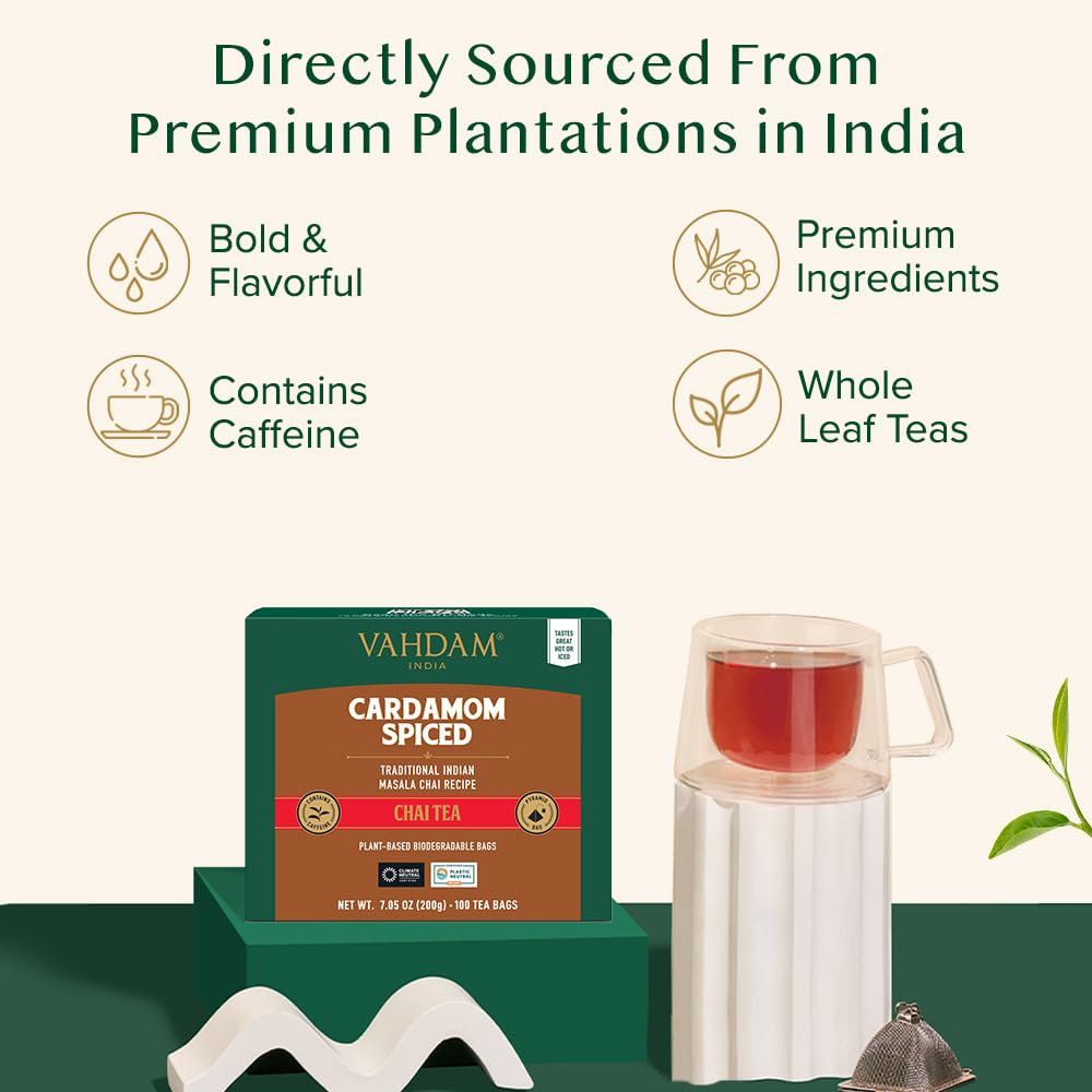 Vahdam, Cardamom Masala Chai Tea Bags (100 Count) Non Gmo, Gluten Free, No Artificial Flavor | Blended W/Exotic Spices | Chai Te