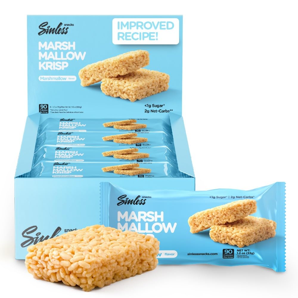 Sinless Snacks Marsh Mallow Krisp - Keto Cereal Bars - Gluten Free, Low Carb - 1.2 oz, 8 Count