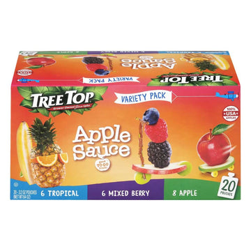 Tree Top Apple Sauce Pouches Variety Pack, Apple, Mixed Berry, Tropical, 3.2 Oz. Each (Pack Of 20)
