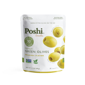 Poshi Green Olives On-The-Go - Original Flavor - Single Serve Pitted Olives - Convenient and Healthy Snack Packs - All Natural, 
