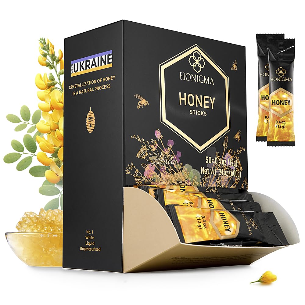 Honigma Deliciously Sweet Acacia Honey Sticks - 50 Count (12G Each) | Pure Ukrainian Honey | Sustainably Sourced | Bursting With