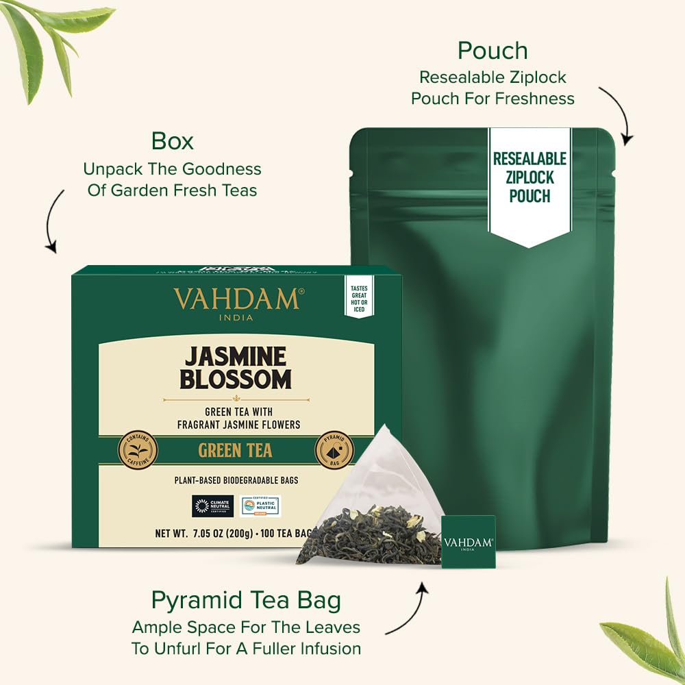 VAHDAM Jasmine Green Tea Bags, 100 Count, Non-GMO, High Grown Green Tea with Pure Jasmine Flowers, Resealable Ziplock Pouch