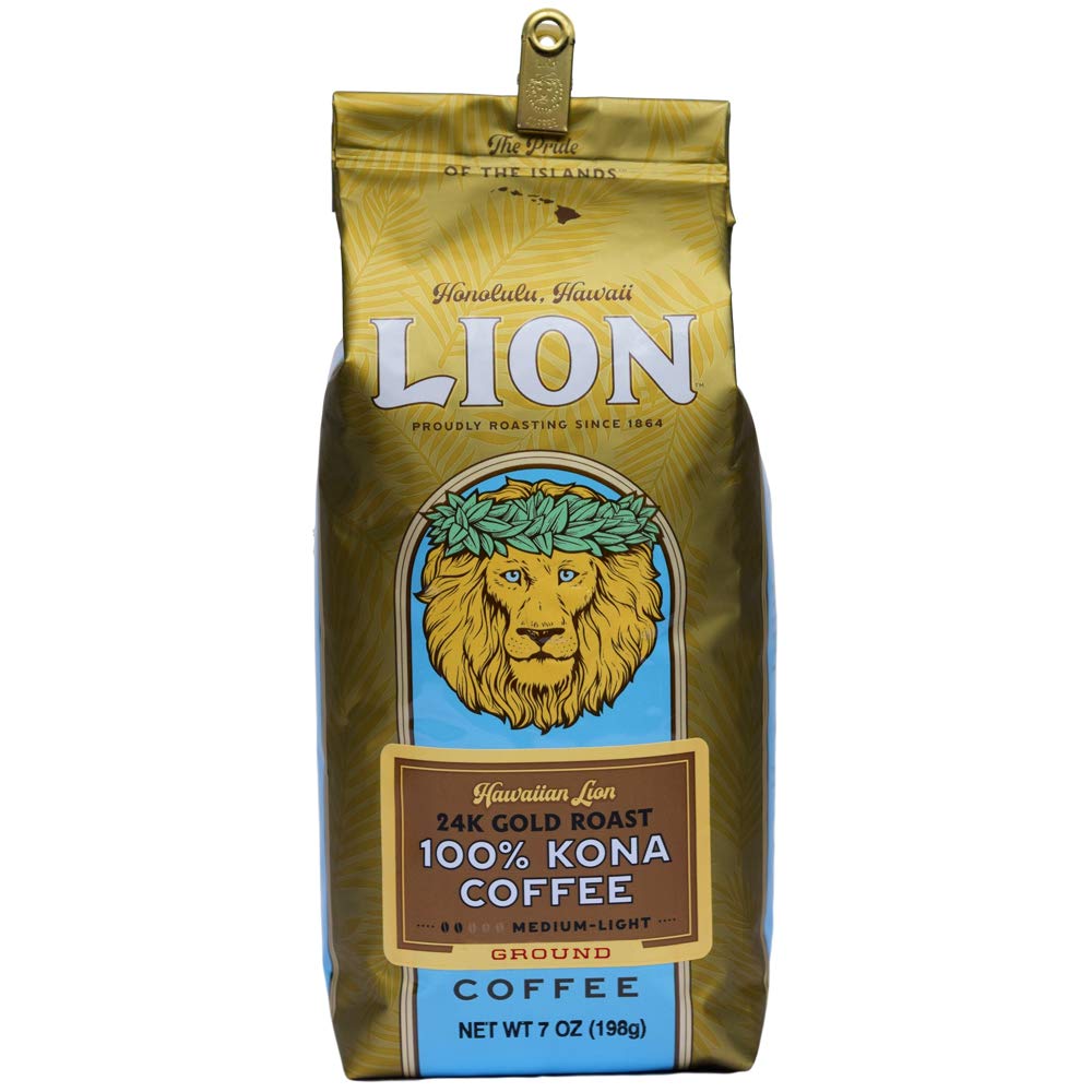 Lion Coffee 24K Gold Roast 100% Kona Ground Coffee, Medium-Light Roast, A Taste Of Aloha - 7 Ounce Bag
