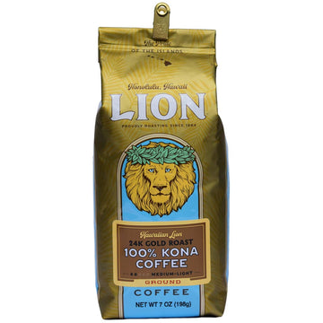 Lion Coffee 24K Gold Roast 100% Kona Ground Coffee, Medium-Light Roast, A Taste Of Aloha - 7 Ounce Bag