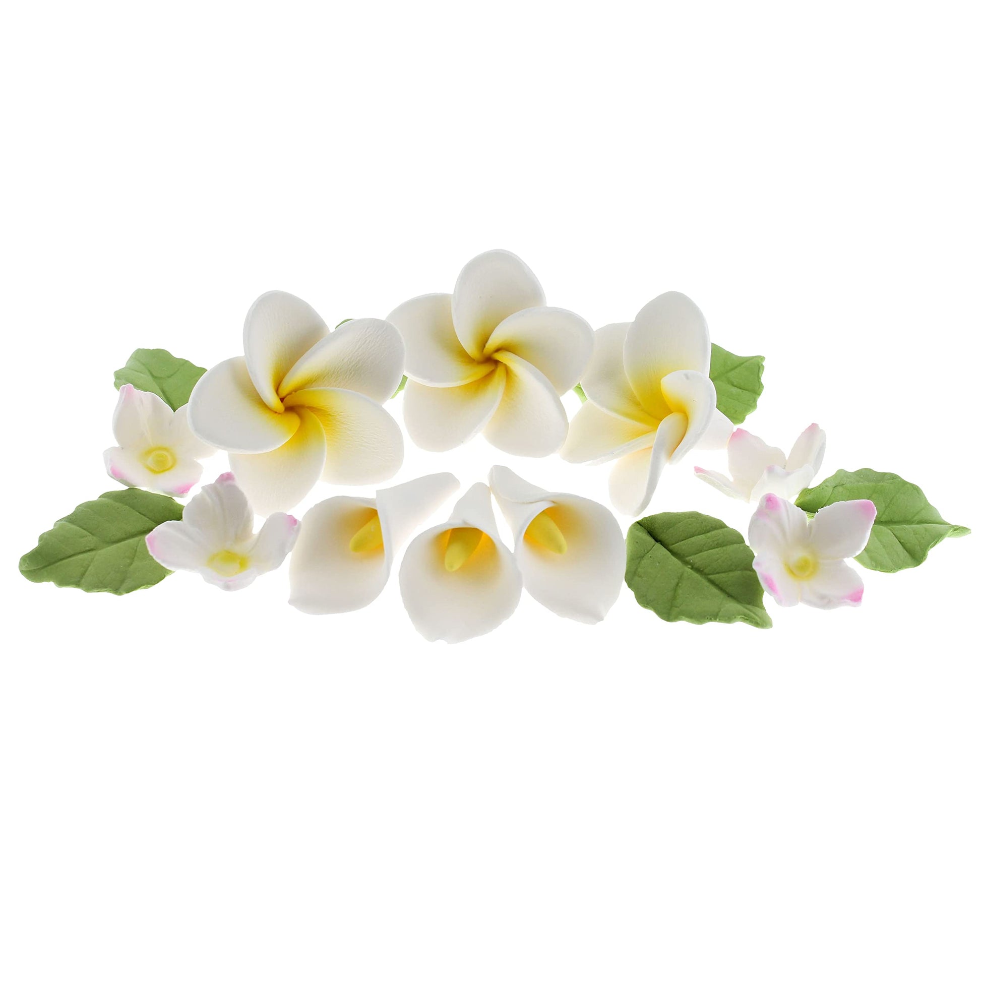 Global Sugar Art Summer Tropical Party and Wedding Edible Sugar Cake & Cupcake Flowers, Assorted White, 36 Count with leaves by 