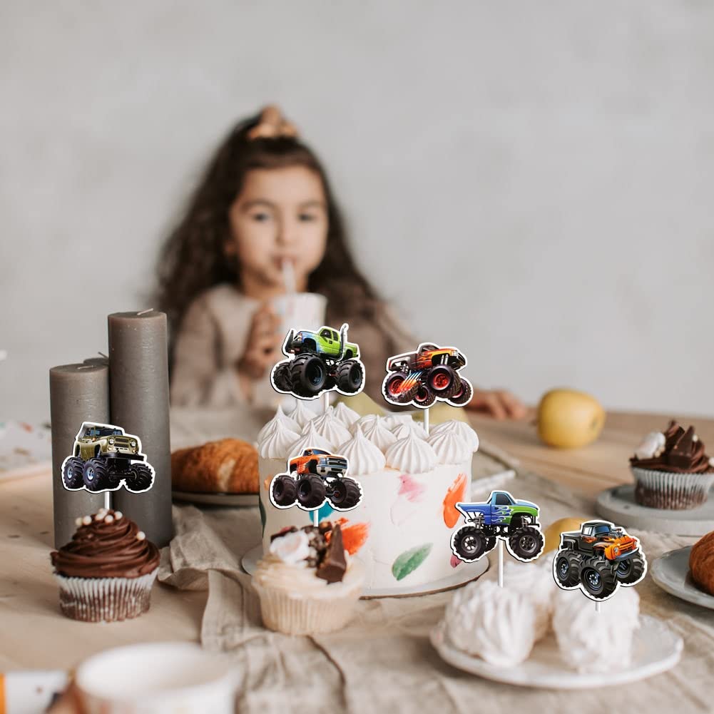 24 Pcs Monster Truck Cupcake Toppers For Boys Girls - Theme Birthday Party Decorations Supplies