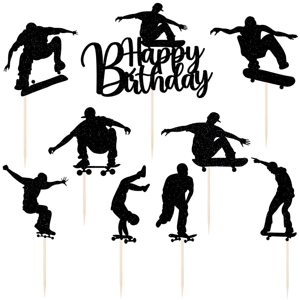 Lveud 7Pcs Skateboard Happy Birthday Cake Topper,Black Glitter Happy Birthday Skateboard Cake Topper For Skateboard Birthday Par