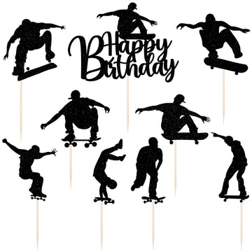 Lveud 7Pcs Skateboard Happy Birthday Cake Topper,Black Glitter Happy Birthday Skateboard Cake Topper For Skateboard Birthday Par