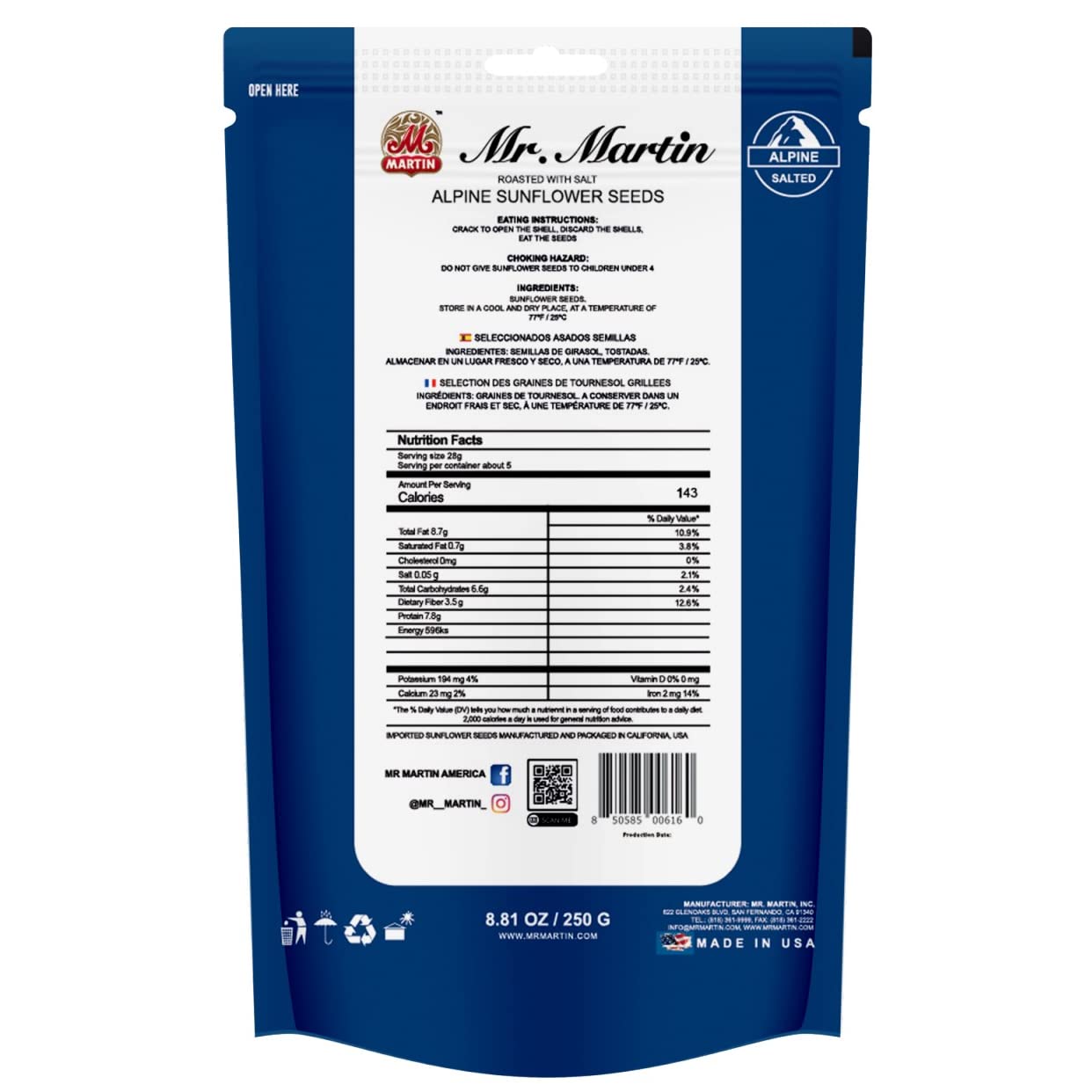 Mr. Martin Freshly Roasted Alpine Salted Sunflower Seeds To Eat – Non-Gmo, Kosher, Crunchy, Delicious, Vegan, Keto Friendly, Low Sodium Snack – 5.25 Oz, Alpine, 3 Pack