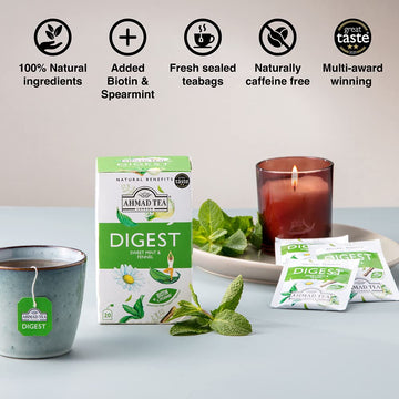 Ahmad Tea Herbal Tea, Sweet Mint, Fennel & Biotin 'Digest' Natural Benefits Teabags, 20 Ct (Pack Of 1) - Decaffeinated & Sugar-F