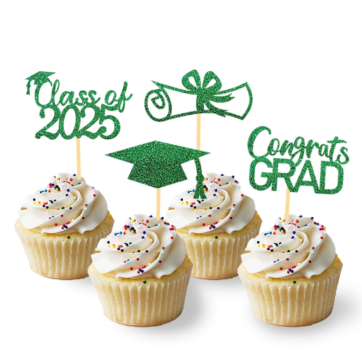Moitkptt Graduation Cupcake Toppers, Class of 2025, Green, 24 Count, Paper