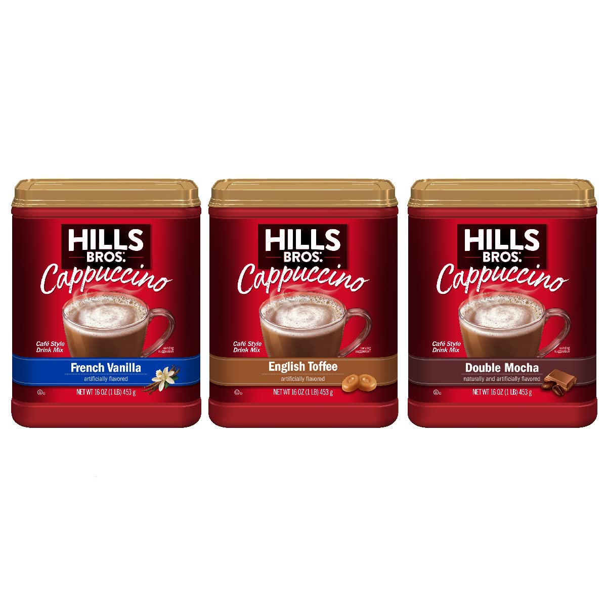 Hills Bros. Instant Cappuccino Mix, French Vanilla, English Toffee, & Double Mocha Variety Pack (16 Oz, Pack Of 3) – Convenient Instant Hot Or Iced Coffee, Frothy & Rich Flavor - Just Add Water