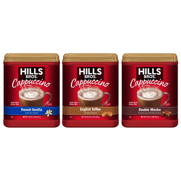 Hills Bros. Instant Cappuccino Mix, French Vanilla, English Toffee, & Double Mocha Variety Pack (16 Oz, Pack Of 3) – Convenient Instant Hot Or Iced Coffee, Frothy & Rich Flavor - Just Add Water