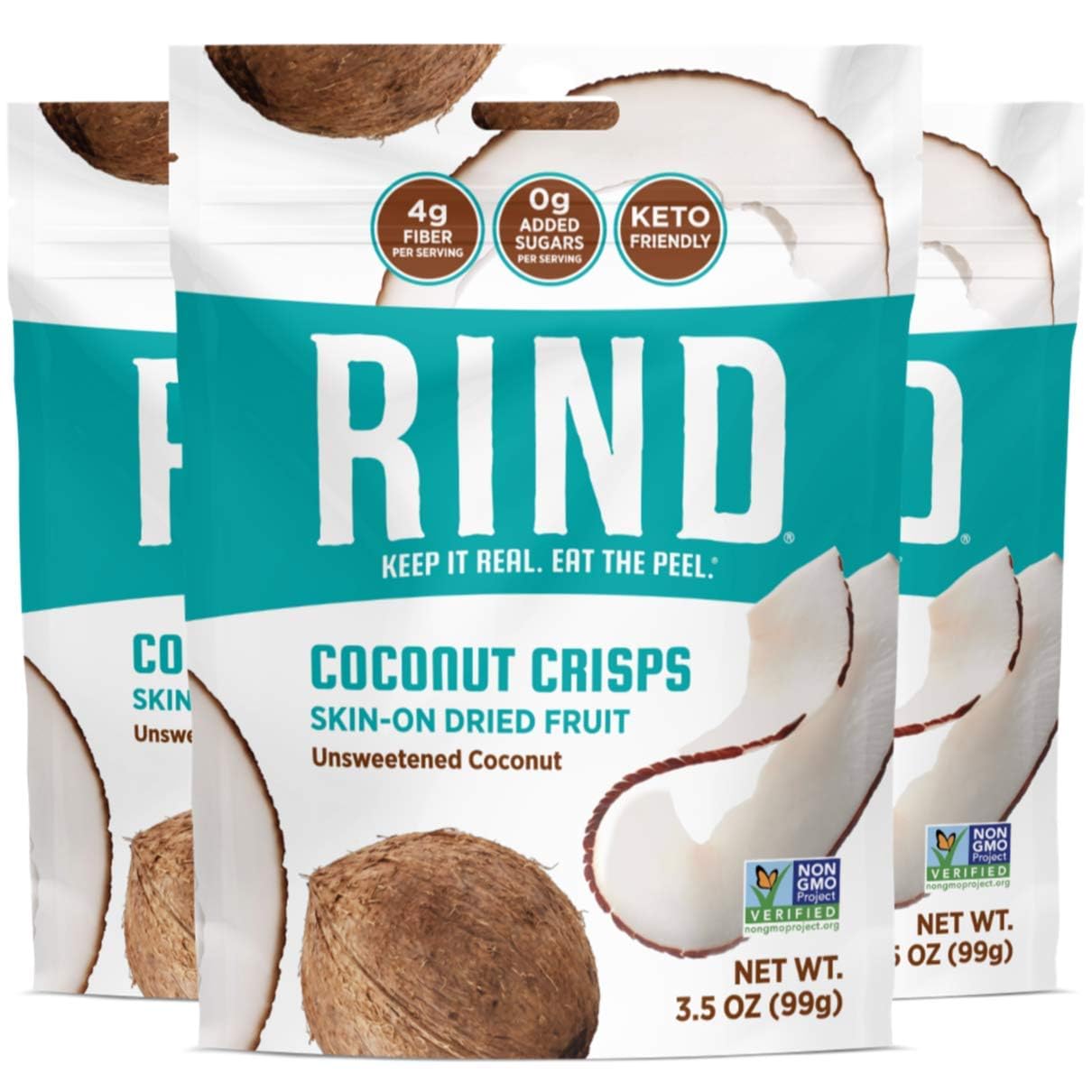 RIND Snacks Organic Coconut Crisps, Unsweetened, Low Carb, High Fiber, 3.5 oz, 3 Pack, Keto, Gluten Free, Vegan, Paleo