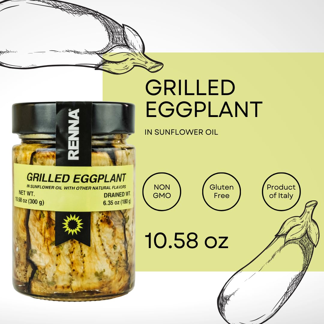 Renna Grilled Eggplant, Roasted Marinaded Eggplants in Oil, 10.58 oz, Crafted in Italy, A Taste of the Mediterranean