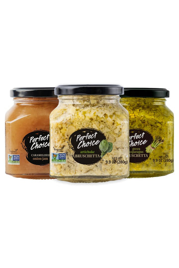 Perfect Choice Variety Pack with Delicious Artichoke Bruschetta, Green Asparagus Bruschetta & Caramelized Onion - Ready-to-eat S