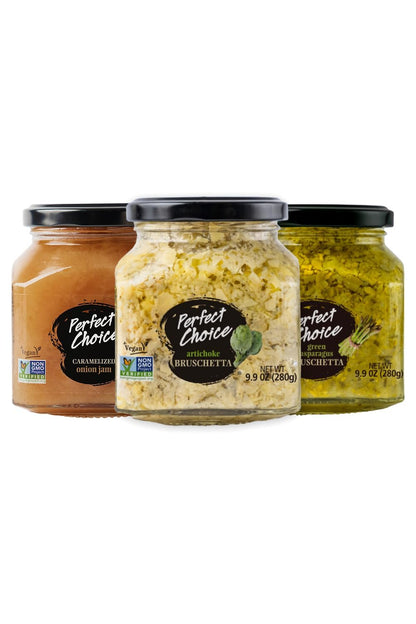 Perfect Choice Variety Pack with Delicious Artichoke Bruschetta, Green Asparagus Bruschetta & Caramelized Onion - Ready-to-eat S