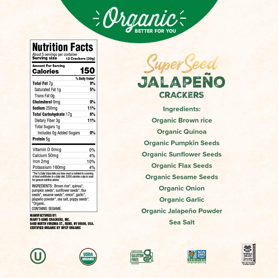 Marys Gone Crackers Super Seed Crackers, Organic Plant Based Protein, Gluten Free, Jalapeno, 5.5 Ounce (Pack Of 1)