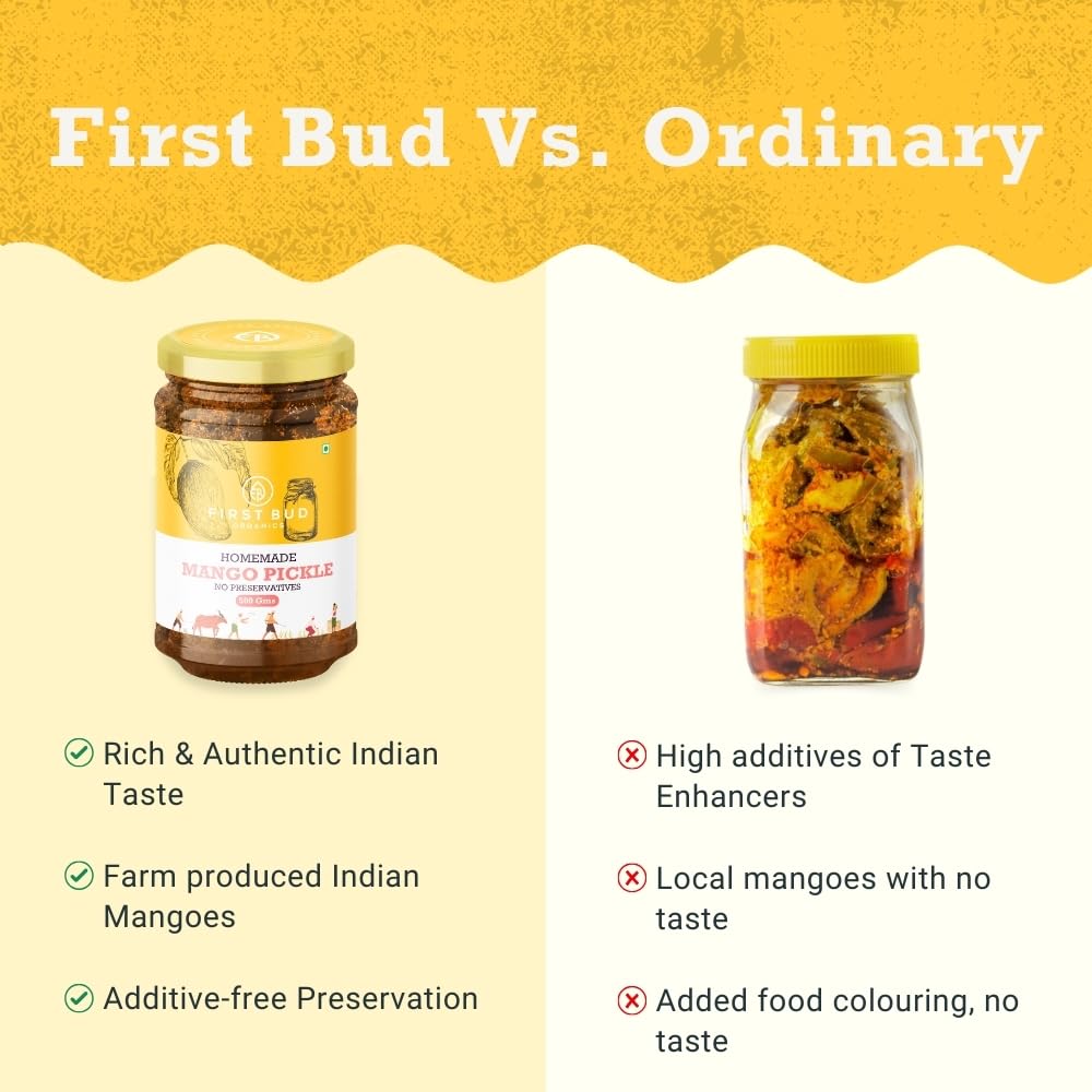 First Bud Organics Homemade Mango Pickle - 500Gm | Authentic Indian Taste & Secret Rajashtani Receipe | Dry & Spicy Mango Pickle