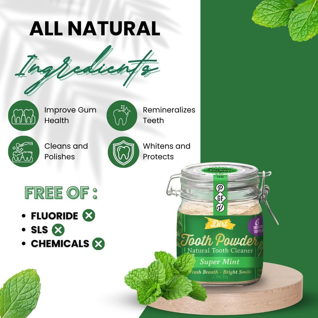 The Dirt Tooth Powder - Natural Fluoride-Free Toothpaste Alternative, Vegan - Essential Oils & Bentonite Clay (Super Mint, 51G: