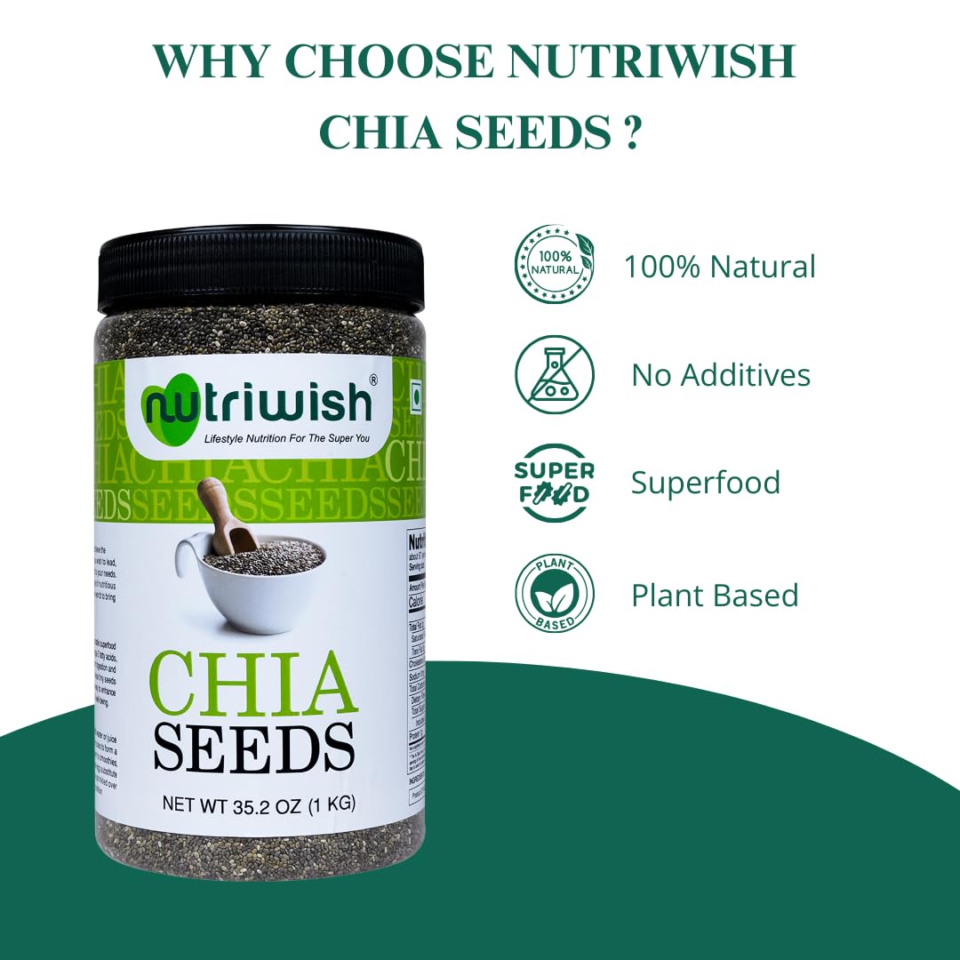 Nutriwish Chia Seeds 35.2 Oz (1Kg) | 100% Natural, Superfood & Keto-Friendly | Perfect For Smoothies, Puddings & Baking