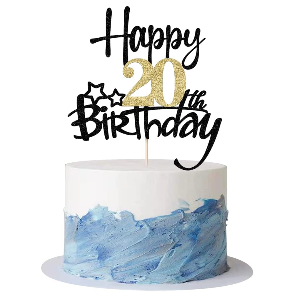 Kaoenla Black Gold Glitter Happy 20th Birthday Cake Topper - Hello 20/Cheers20,Happy twenty Birthday Anniversary,20 years old bi