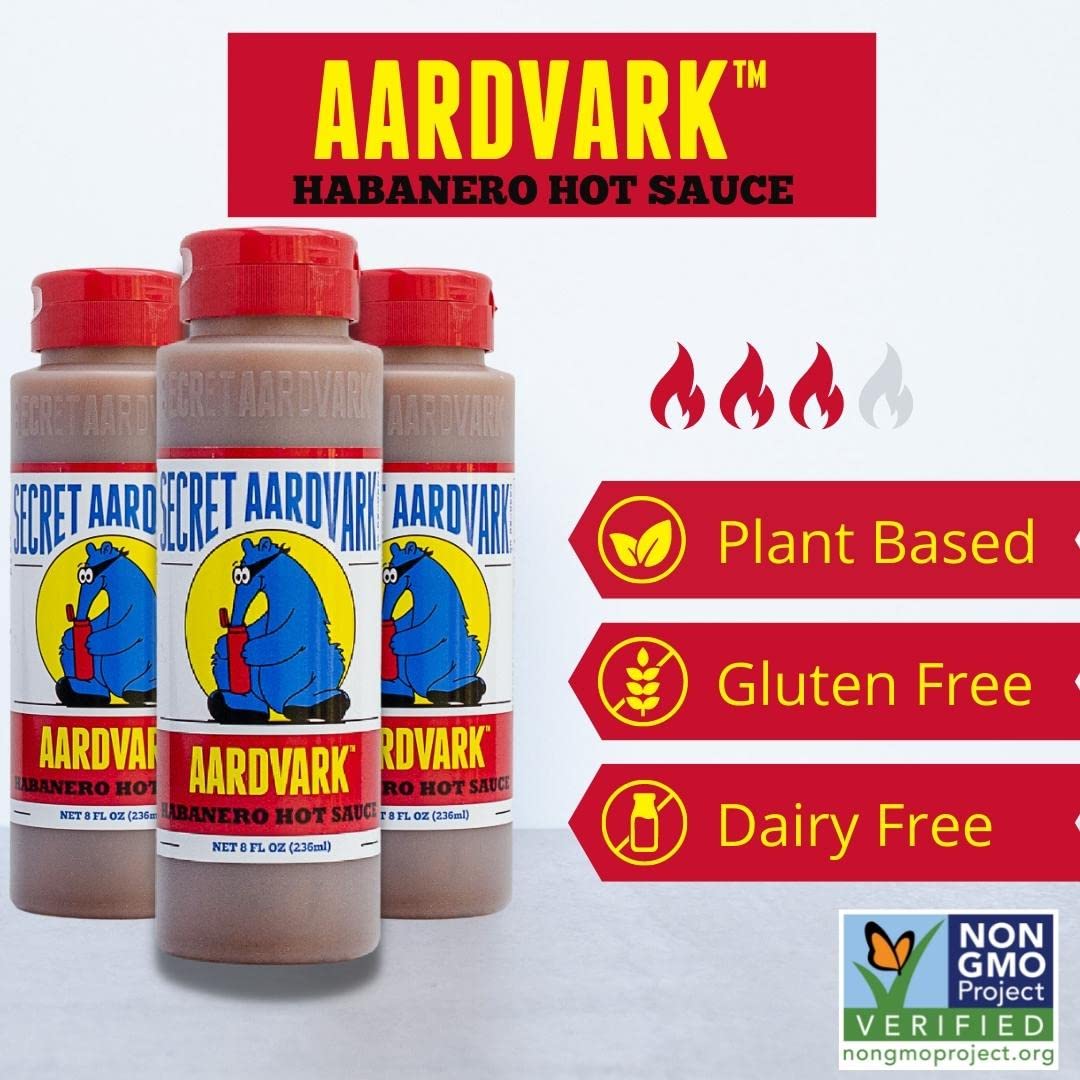 Secret Aardvark Habanero Hot Sauce - Habanero Peppers & Roasted Tomatoes, Medium Spiced Hot Sauce, BBQ Sauce, Non-GMO, Low Sugar