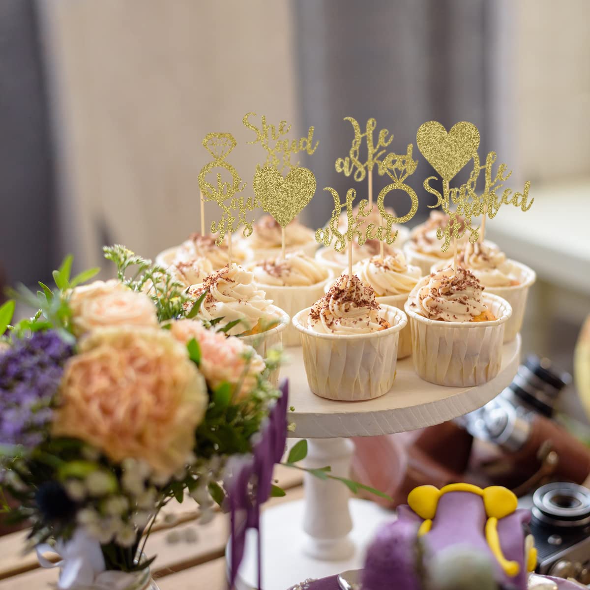 Donoter 24 Pieces Gold Glitter Engagement Cupcake Toppers He Asked She Said Yes Diamond Ring Heart Cupcake Picks For Wedding Bri