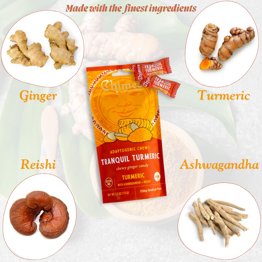 Chimes Tranquil Turmeric Adaptogen Ginger Chews Candy Pack Of 3, 7.5 Oz Total With Ashwagandha, Reishi, Turmeric And Curcumin, A