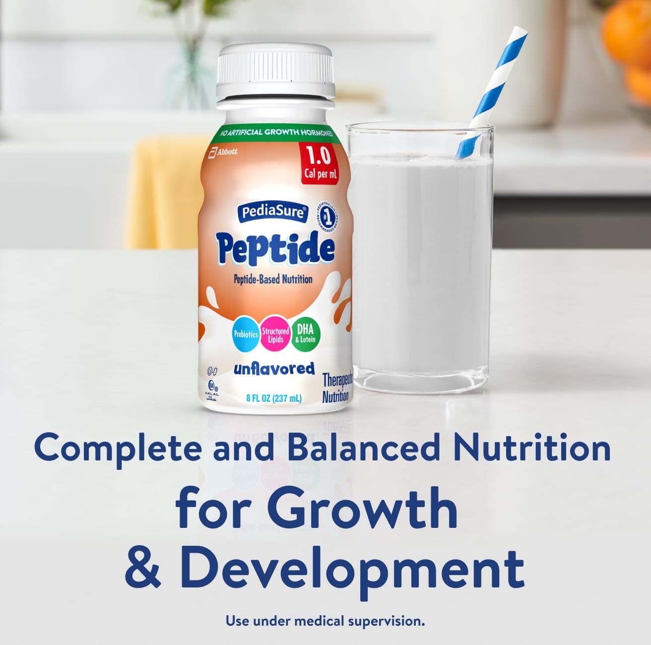 PediaSure Peptide 1.0 Cal, Peptide-Based Formula, Sole-Source Nutrition Drink for Tube Feeding or Oral Nutrition, Unflavored, 8-