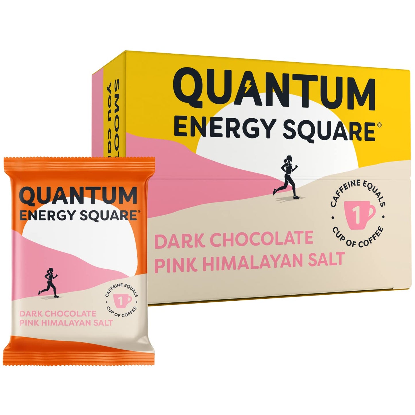 Quantum Energy Square: Energy Bar With Caffeine & 10G Protein. Delicious Healthy Snack On The Go. (Vegan, Gluten-Free, Soy-Free, Dairy-Free) (Dark Chocolate Pink Himalayan Salt)
